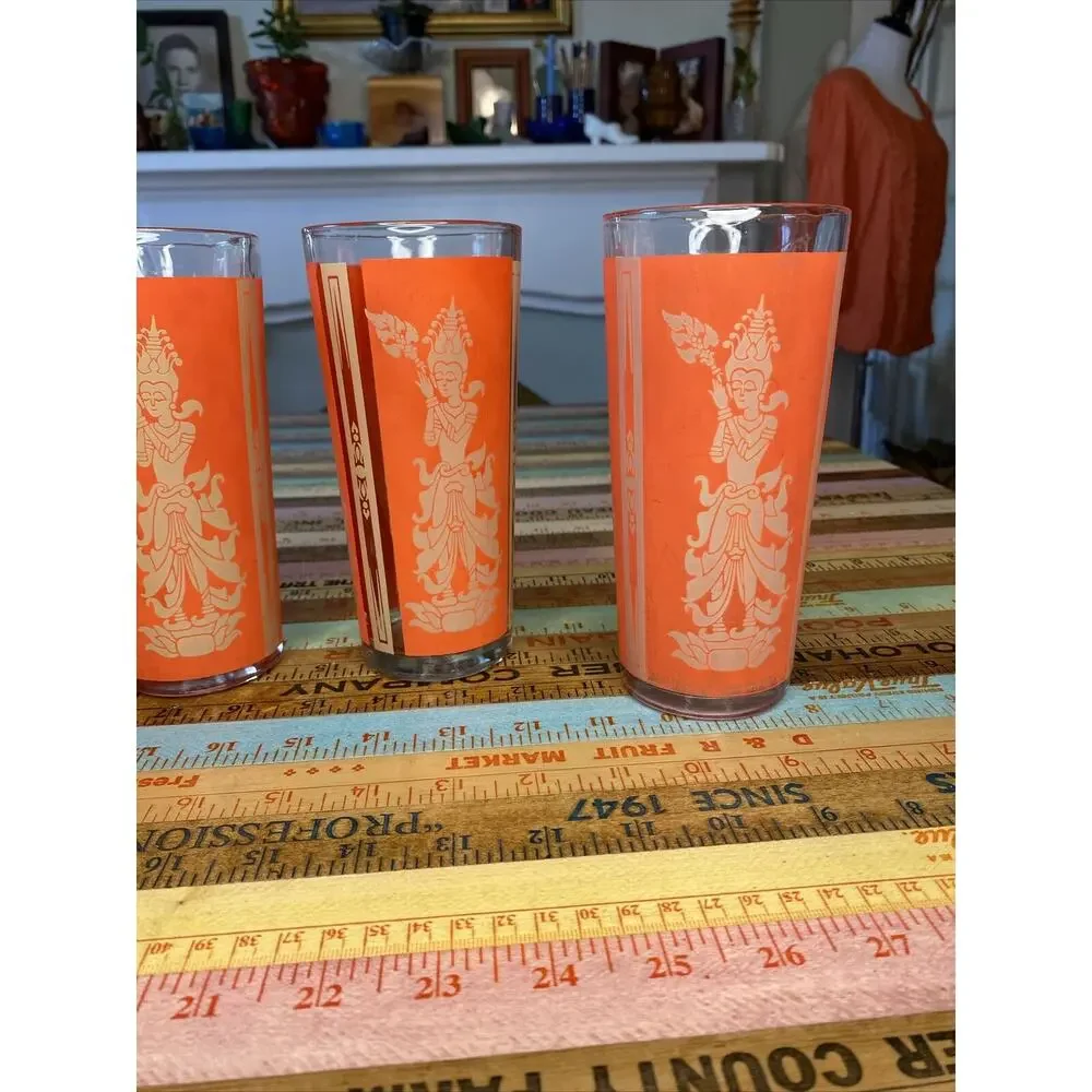Thai Goddess High Ball Glass Mid Century Modern Retro Bar Set of 5 Asian MCM Red